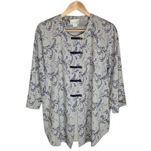 Vtg 90s Pride & Joy Mandarin Collar Button Down Top Womens 14P Gray Blue Floral